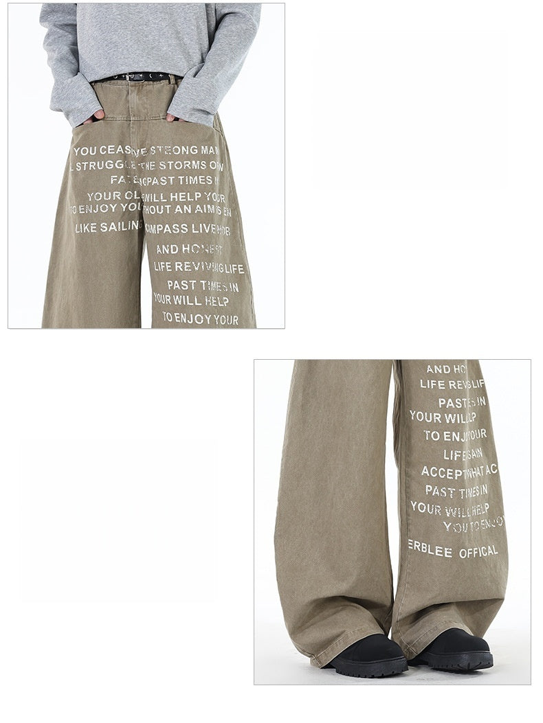 Letter Printed Khaki Loose Straight Machete Jeans