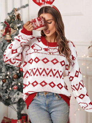 Christmas Red And White Knitted Long-sleeved Round Neck Bottoming Shirt Top Sweater