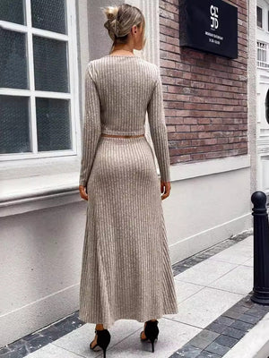 Leisure Small Round Neck Long Sleeves Solid Color A-line Skirt 2-piece Sets