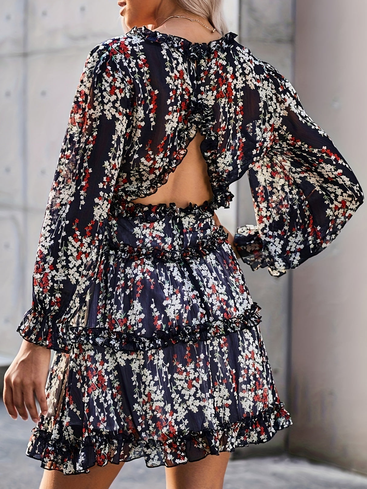 Floral Lace Deep V-neck Waist Puff Sleeve Sweet Mini&Short Dresses