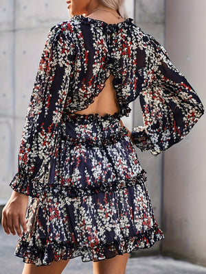 Floral Lace Deep V-neck Waist Puff Sleeve Sweet Mini&Short Dresses