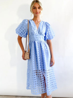 Checkered Sheer Fabric Puff Sleeve Long Dress