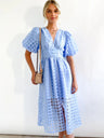 Checkered Sheer Fabric Puff Sleeve Long Dress