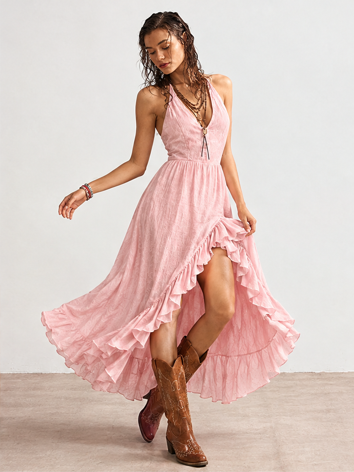 Casual Ruffled V-neck Sleeveless Linen Long Dress