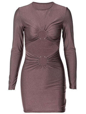 Hollow Out Metal Decoration Slim Fit Hip Body Long Sleeves Mini&Short Dresses
