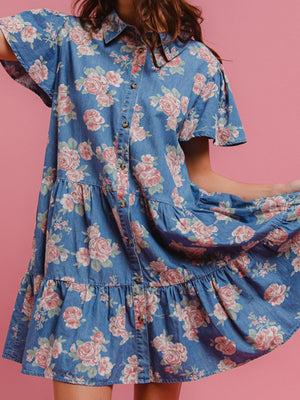 Denim Floral Print Collared Short-sleeved Shirt Buttons Shirt Dress