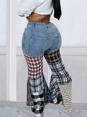 Houndstooth Pattern Flared Pants Ruffle Jeans