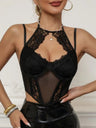 Lace Patchwork Hollowed-out Halter Neck Waist-cinching Fishbone Tank Tops&Camis