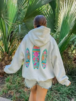Printed Raglan Sleeves Thread Hawaii Hibiscus Hoodie