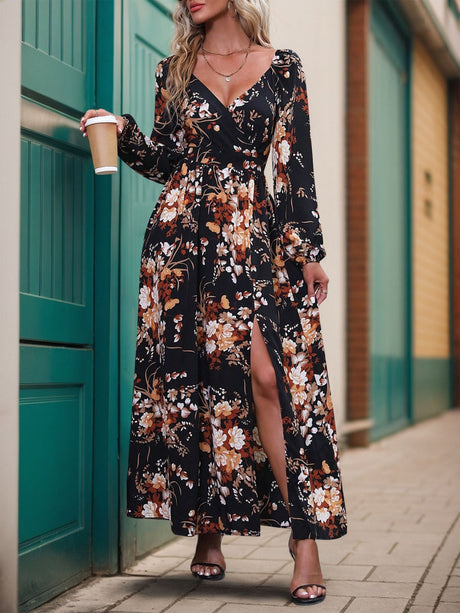Slit Flowers Maxi Dresses