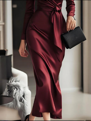 Long-sleeved V-neck Wrap Style Satin Waist Cinching With Straps Elegant And Formal Evening Wear: Midi Dress