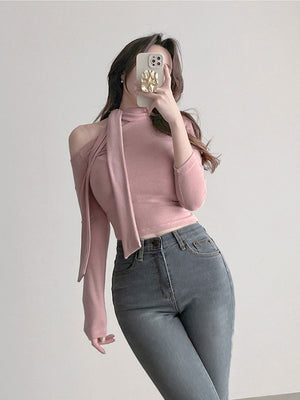 Elegant Tie-neck Fitted Long-sleeved T-shirt