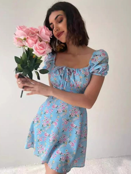 Zipper Floral Printed Short sleeve Mini&Short Dresses