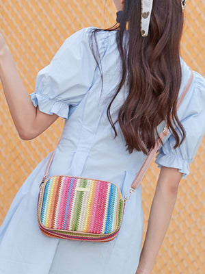 Colorful Straw Woven Oval Crossbody Bag For Vacation