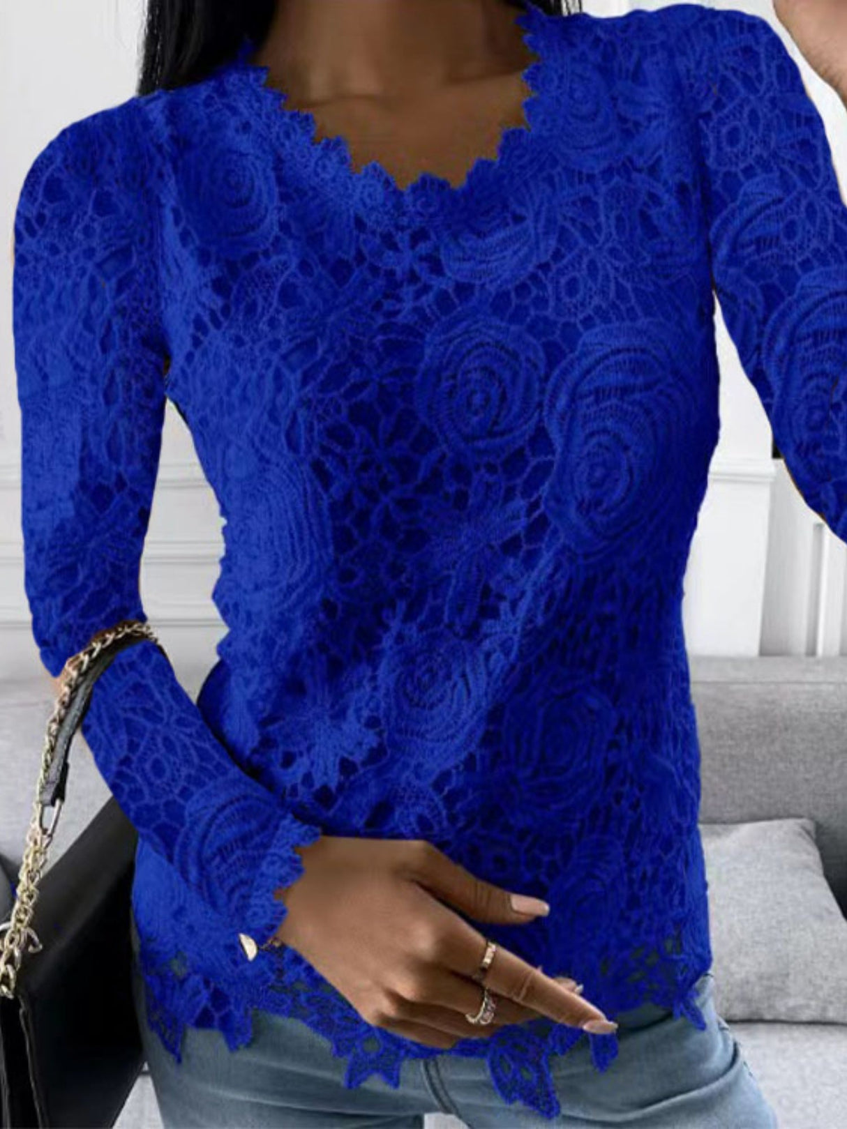 Lace Rose Openwork Round Neck Long Sleeve T-shirts