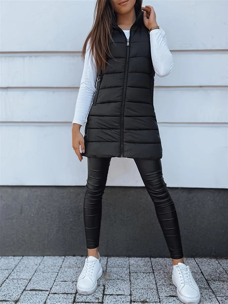 Mid-length Hooded Design Keep Warm Leisure Zipper Pocket Quilted Vest
