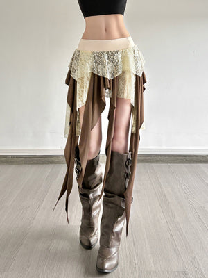 Lace Patchwork Irregular Tassels Color-blocked Short Skirt