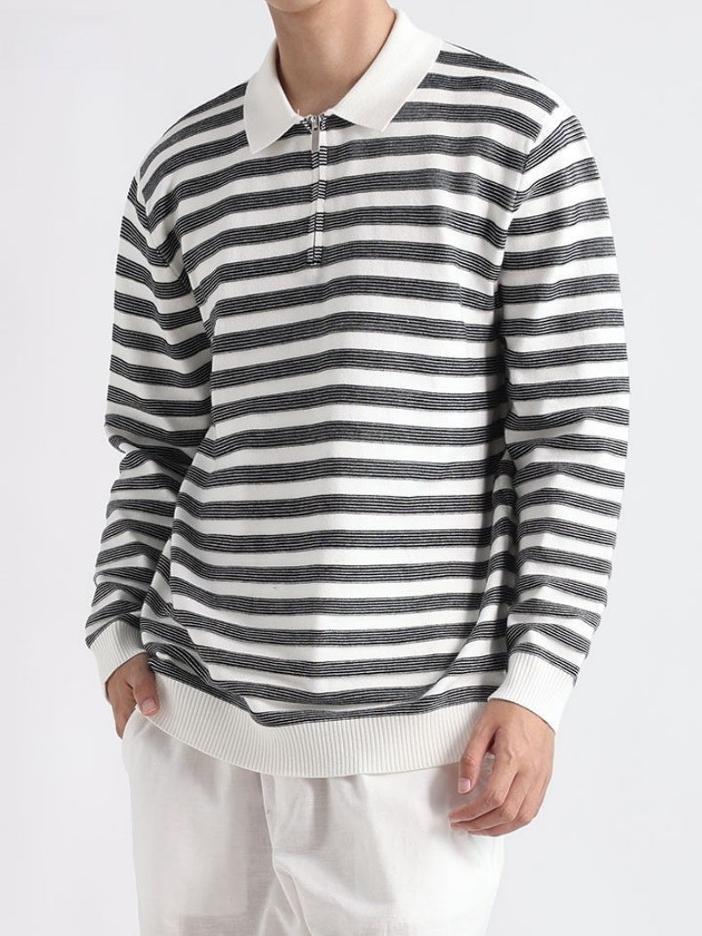 Old-Money Polo-Collar Striped Notch-Collar Knit Top,Gifts for Men