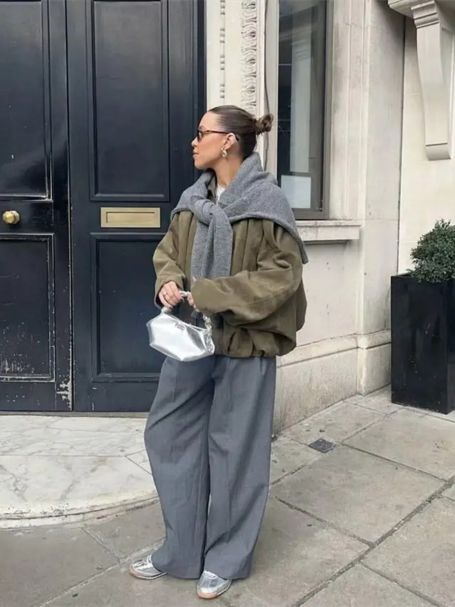 Batwing sleeve olive green Zip-up jacket