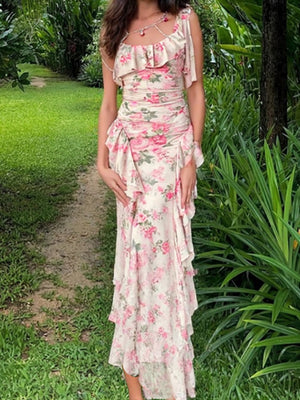 Printed Ruffled Splicing Mesh Camisoles Maxi Dresses