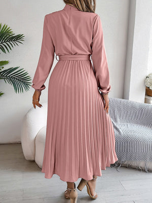 Stand Collar Long Sleeve Waist Pleats Midi Dresses