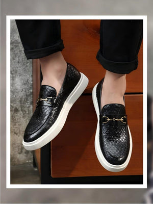 Snakeskin Embossed Horseshoe Buckle Slip-on Loafers