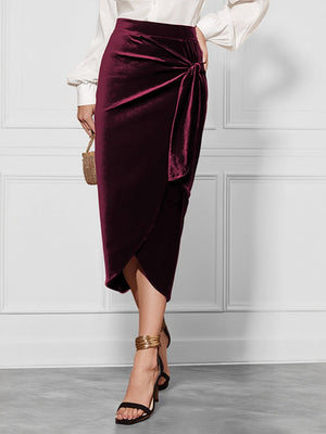 Hip-wrapped Velvet Twisted Front Slit High Waist Wrap Workplace Office Skirt