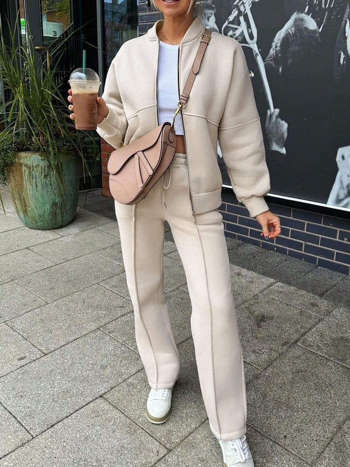 Sporty Style Long-sleeved Jacket Solid Color Trousers Two-piece Set