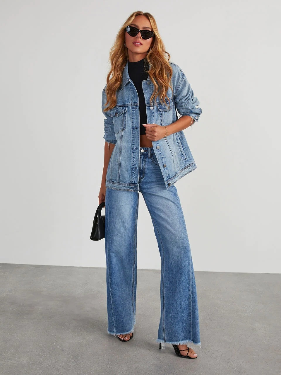 Wide-leg Side Seam Splicing Ground Edge Hem Pocket Jeans