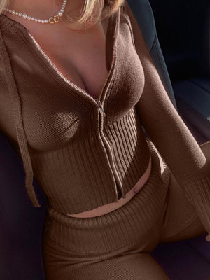 Liber Autumn women's zipper knitted cardigan low waist trousers two-piece set