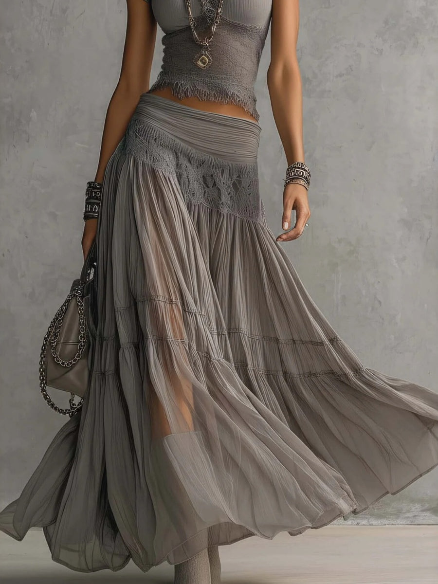 Grey Knitting Jacket Chiffon Long Skirt Set 2-piece Sets