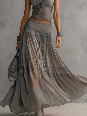 Grey Knitting Jacket Chiffon Long Skirt Set 2-piece Sets