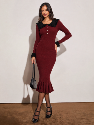 French-style Ruffled Knit Sweater Dress