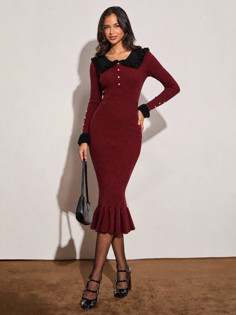 French-style Ruffled Knit Sweater Dress