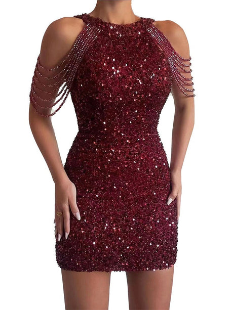 Halter Neck, Off-shoulder, Tassel, Bodycon, Crystal-trimmed Sequined Short Dress