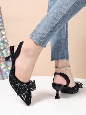 Rhinestone Pointed Bow Backless High Heels