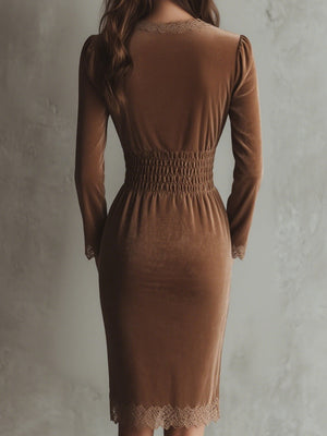 Gold Velvet Lace Pullover Spliced Midi Dress