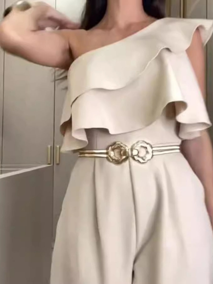 One Shoulder Commuting Ruffle Jumpsuits