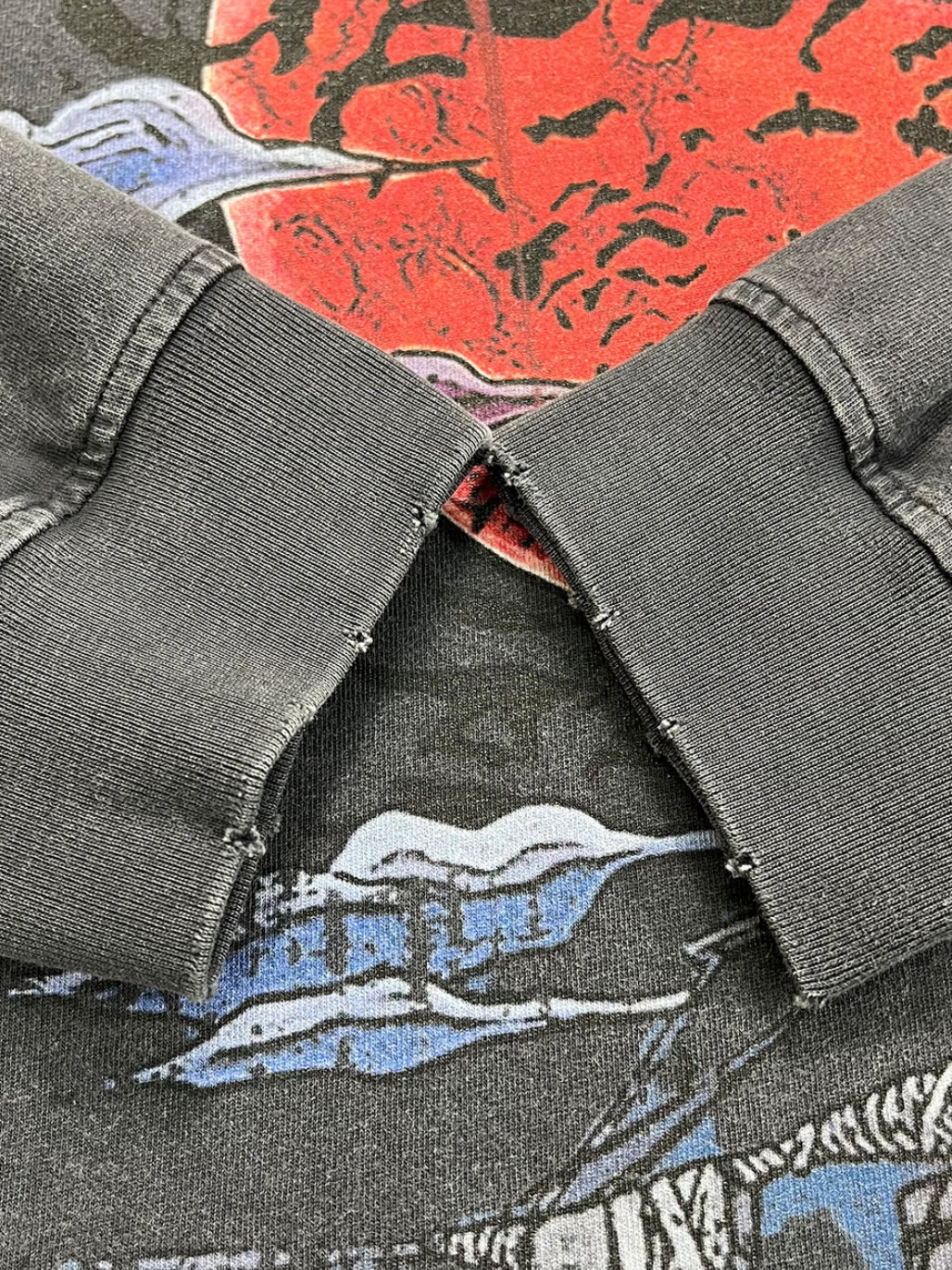 Dark Red Yabi Printed Edging Washing And Aging Long-sleeved T-shirt