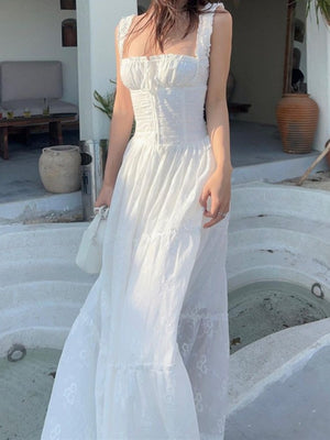 Lace Jacquard Square Neck Suspenders Sweet Tie Maxi Dresses