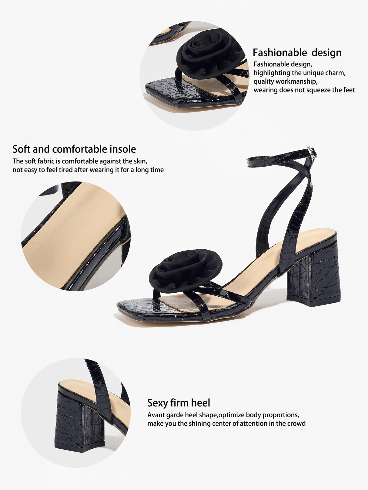 Black Square-toe High-heeled Sandals With 3D Floral Embossing