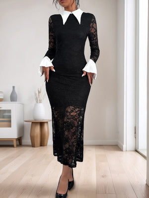 Lace Splicing Color-blocked Collar Slim-fit Hip-hugging Maxi Dresses