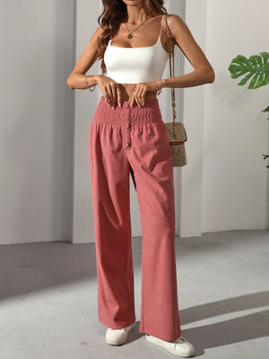 Ruffled Waistband Button High Waist Straight Leg Casual Elegant French Women's Trousers