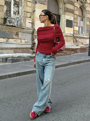 Hood Off-shoulder long sleeves Knitted sweaters