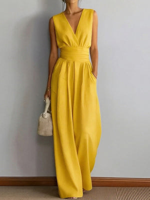 V-neck Waist Wide-leg Pants Sleeveless Temperament Grace Commuting Jumpsuits