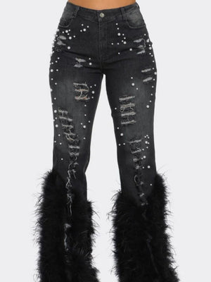 Y2K Plush Beaded Distressed And Worn Jeans