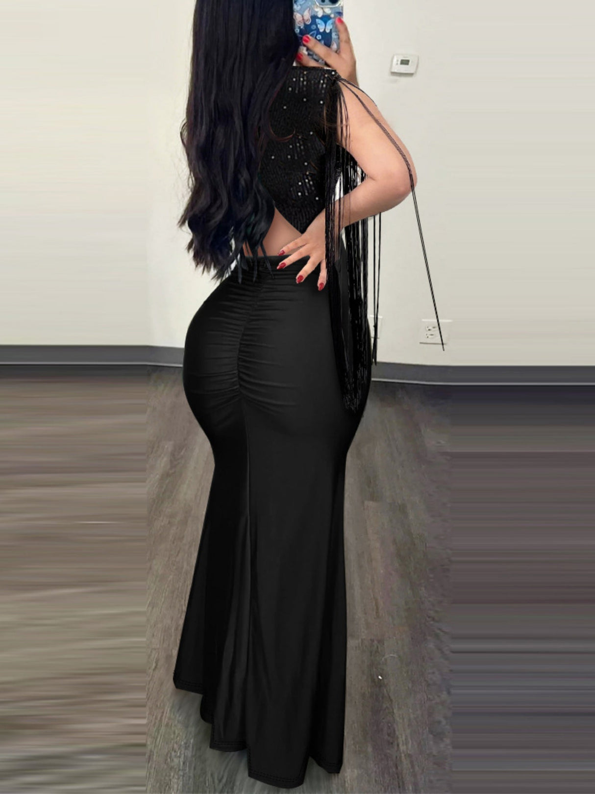 Sequins Bodycon Round Neck Slit Evening Dress Tassel Sleeves Pleated Maxi Dresses