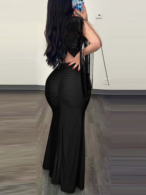 Sequins Bodycon Round Neck Slit Evening Dress Tassel Sleeves Pleated Maxi Dresses