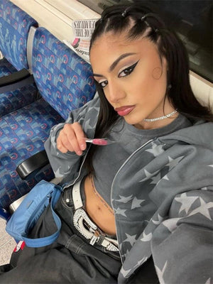 Old Star Print Zippered Loose Hooded Sweatshirt