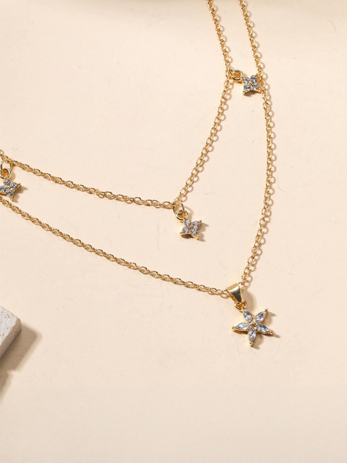 Five-pointed Star Diamond-encrusted Multi-layered Flower Necklace
